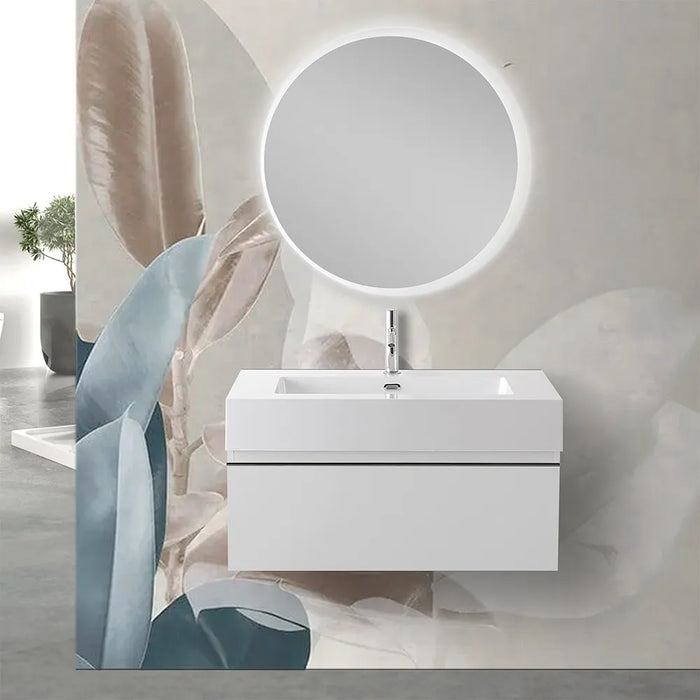 Mobile sospeso 80 cm bianco lucido lavabo in resina e specchio LED Iside