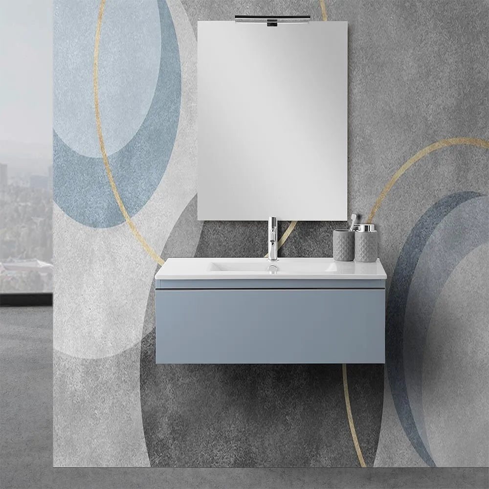 Mobile sospeso 80 cm blu pastello con lavabo incasso e specchio Iside