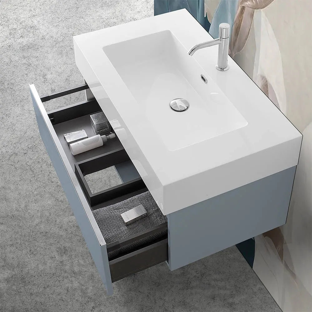 Mobile sospeso 80 cm blu pastello lavabo in resina e specchio LED Iside