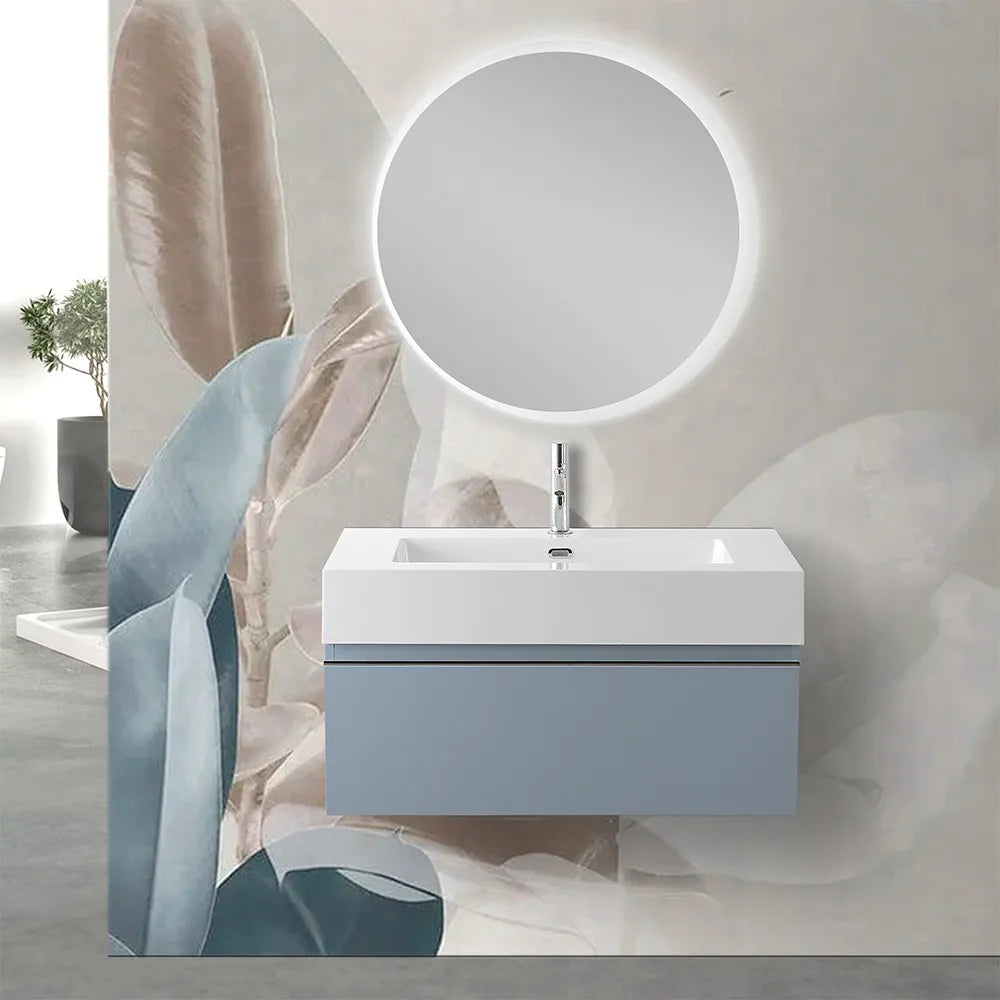 Mobile sospeso 80 cm blu pastello lavabo in resina e specchio LED Iside