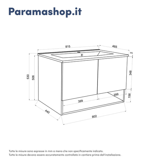 Mobile sospeso 80 cm bianco effetto legno con due ante, vano a giorno e lavabo | Sauris
