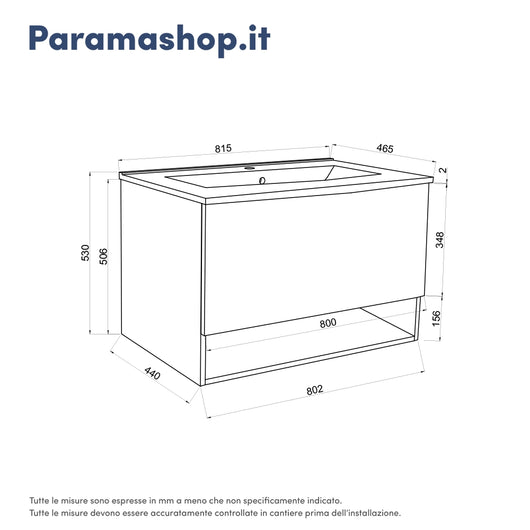 Mobile sospeso 80 cm rovere scuro con un cassetto, vano a giorno e lavabo | Sauris