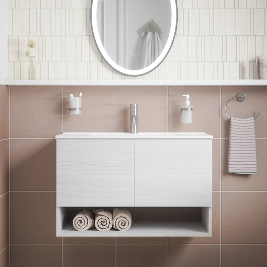 Mobile sospeso 80 cm bianco effetto legno con due ante, vano a giorno e lavabo | Sauris