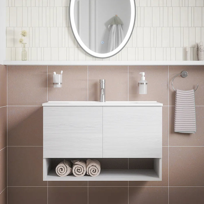 Mobile sospeso 80 cm bianco effetto legno con due ante, vano a giorno e lavabo | Sauris