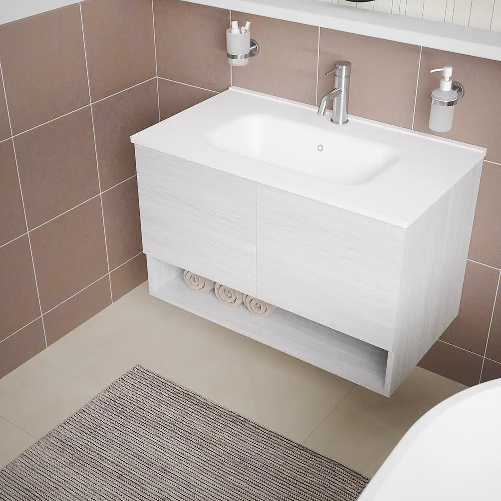 Mobile sospeso 80 cm bianco effetto legno con due ante, vano a giorno e lavabo | Sauris