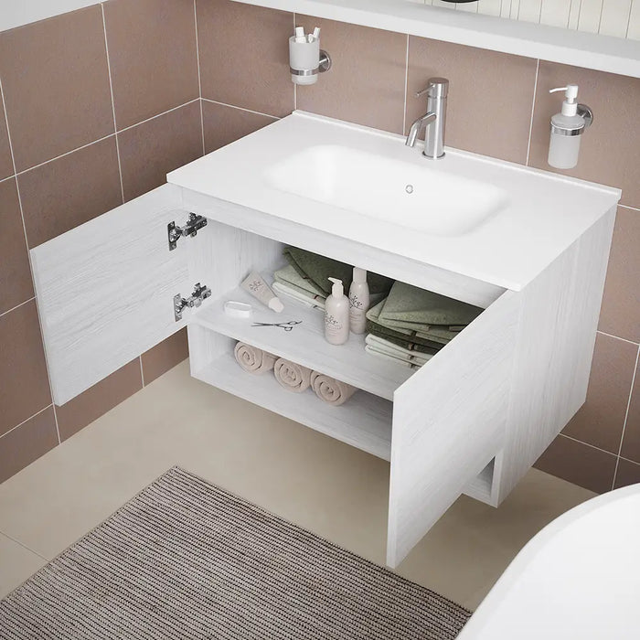 Mobile sospeso 80 cm bianco effetto legno con due ante, vano a giorno e lavabo | Sauris