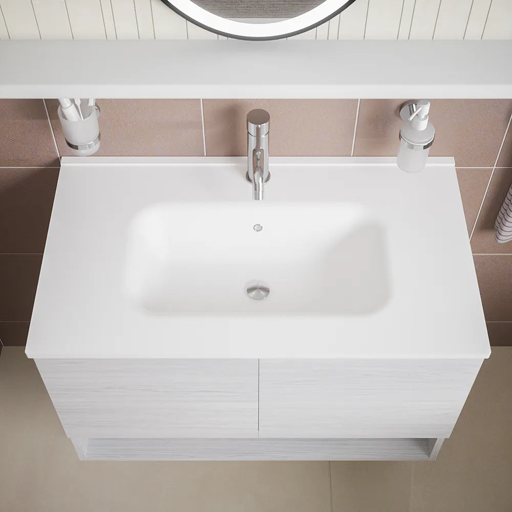 Mobile sospeso 80 cm bianco effetto legno con due ante, vano a giorno e lavabo | Sauris