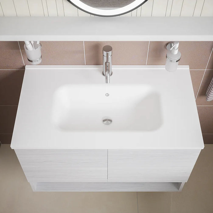 Mobile sospeso 80 cm bianco effetto legno con due ante, vano a giorno e lavabo | Sauris
