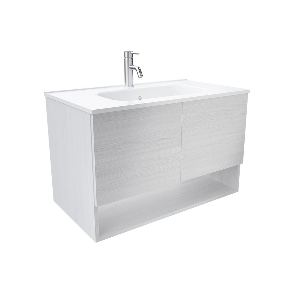 Mobile sospeso 80 cm bianco effetto legno con due ante, vano a giorno e lavabo | Sauris