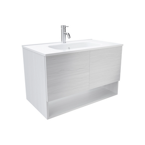 Mobile sospeso 80 cm bianco effetto legno con due ante, vano a giorno e lavabo | Sauris