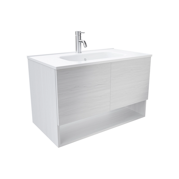 Mobile sospeso 80 cm bianco effetto legno con due ante, vano a giorno e lavabo | Sauris