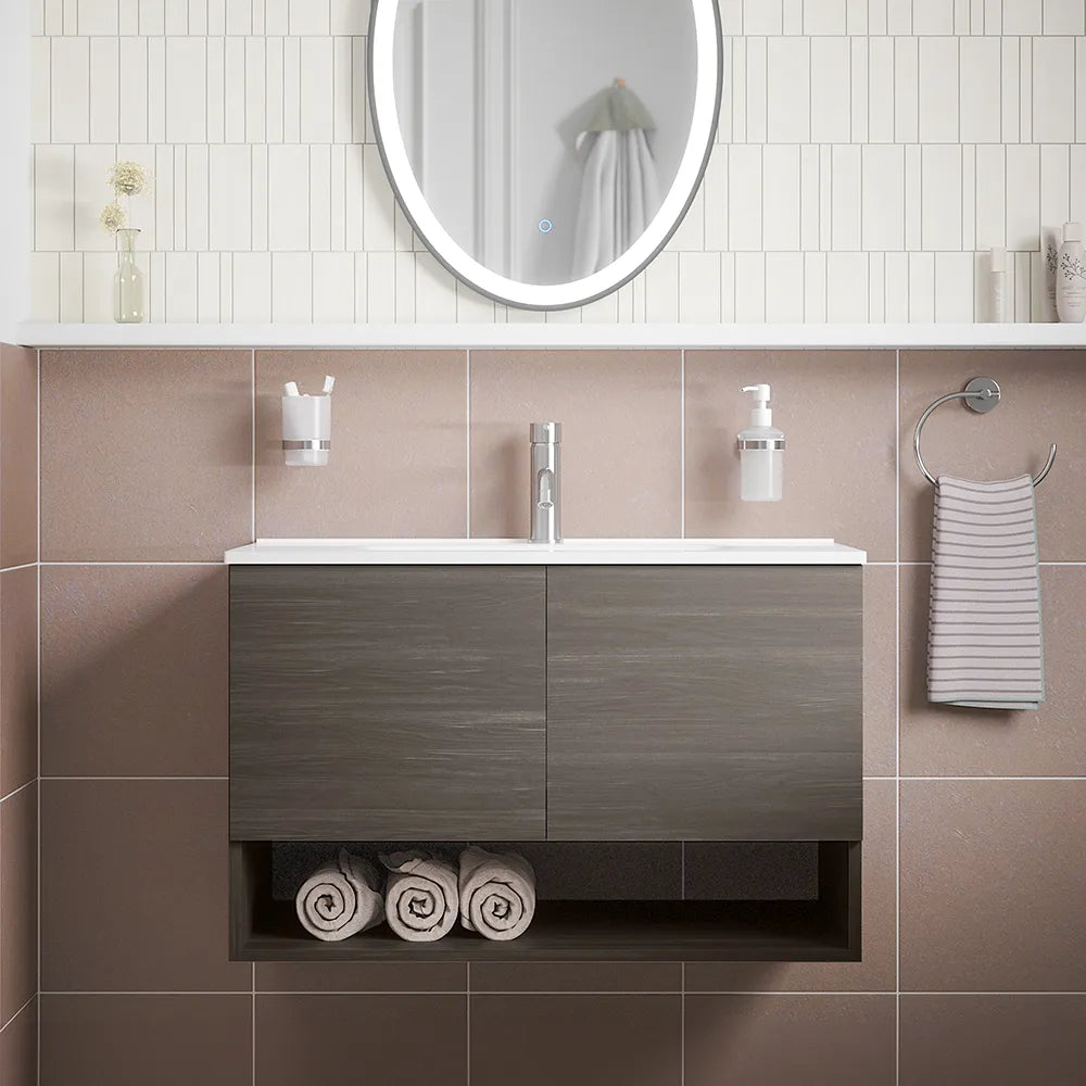 Mobile sospeso 60cm rovere scuro con due ante, vano a giorno e lavabo | Sauris
