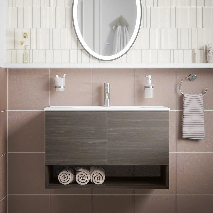 Mobile sospeso 60cm rovere scuro con due ante, vano a giorno e lavabo | Sauris