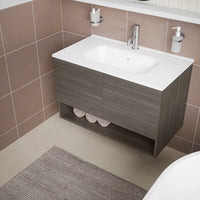 Mobile sospeso 80cm rovere scuro con due ante, vano a giorno e lavabo | Sauris