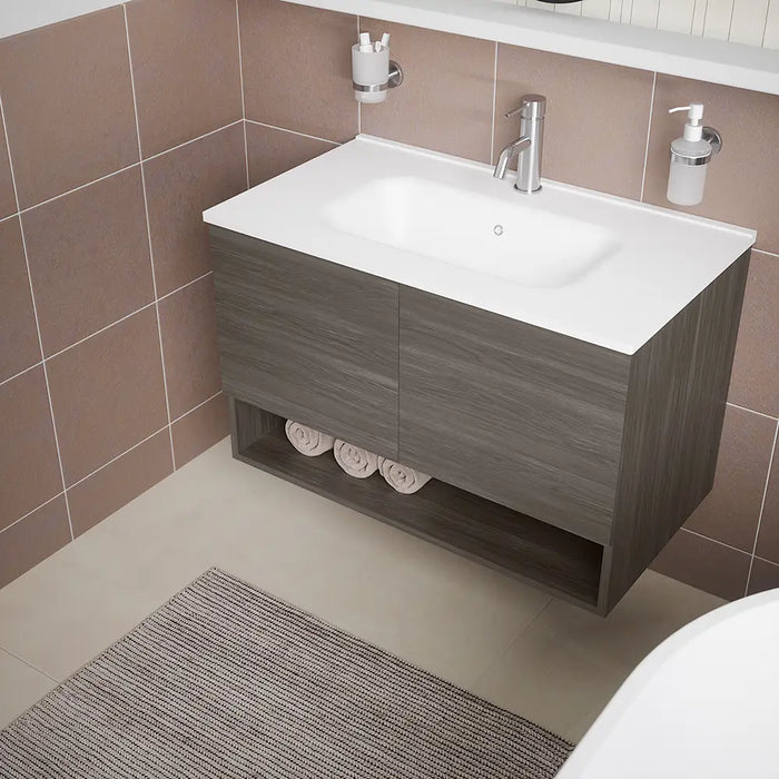 Mobile sospeso 60cm rovere scuro con due ante, vano a giorno e lavabo | Sauris