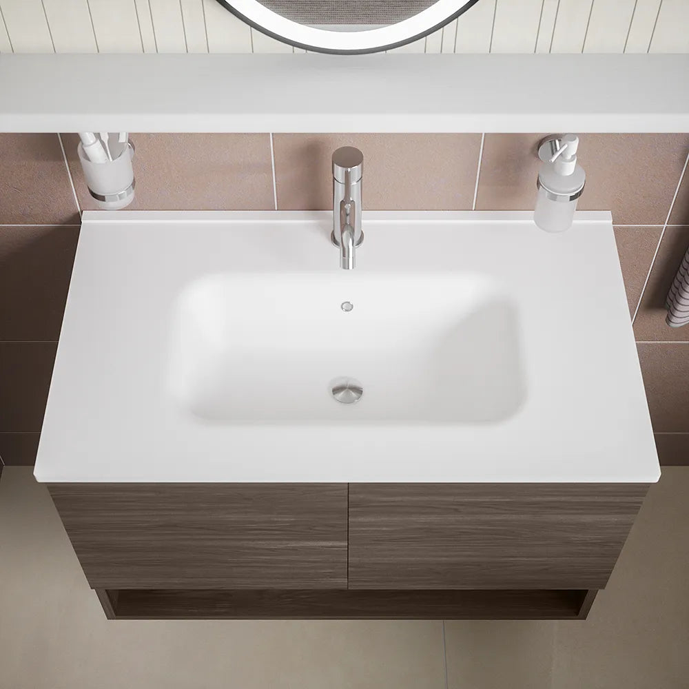 Mobile sospeso 80cm rovere scuro con due ante, vano a giorno e lavabo | Sauris