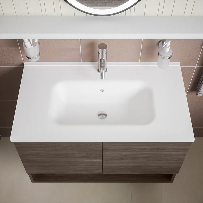 Mobile sospeso 80cm rovere scuro con due ante, vano a giorno e lavabo | Sauris