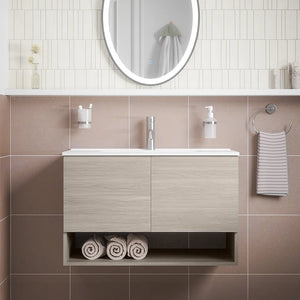 Mobile sospeso 80 cm rovere grigio con due ante, vano a giorno e lavabo | Sauris