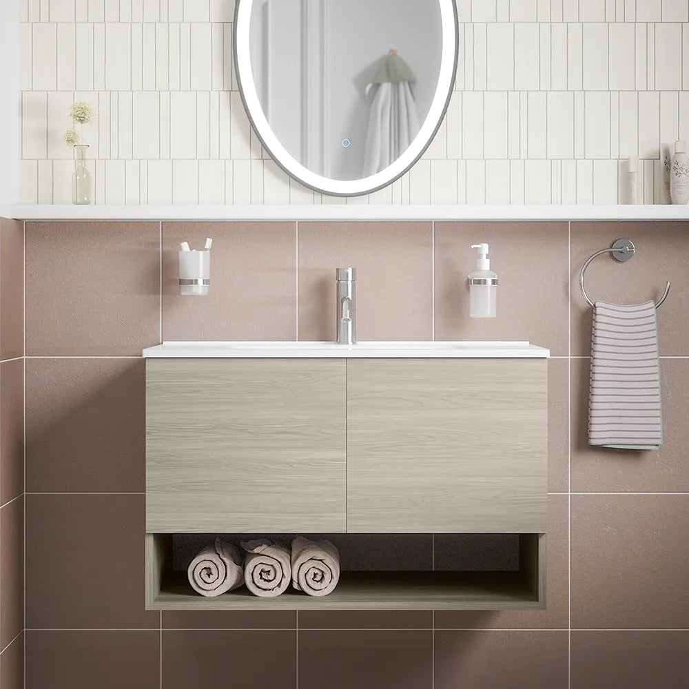 Mobile sospeso 60 cm rovere grigio con due ante, vano a giorno e lavabo | Sauris