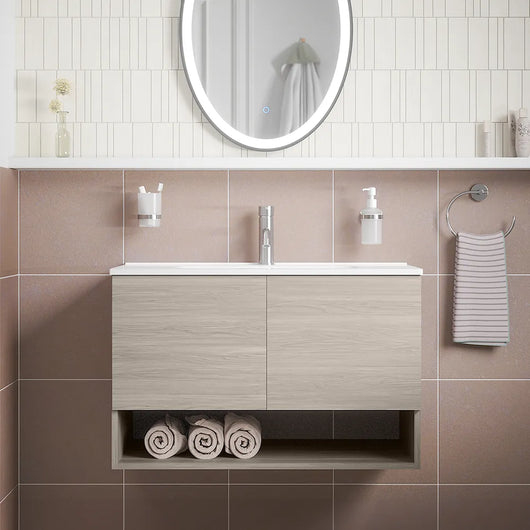 Mobile sospeso 60 cm rovere grigio con due ante, vano a giorno e lavabo | Sauris
