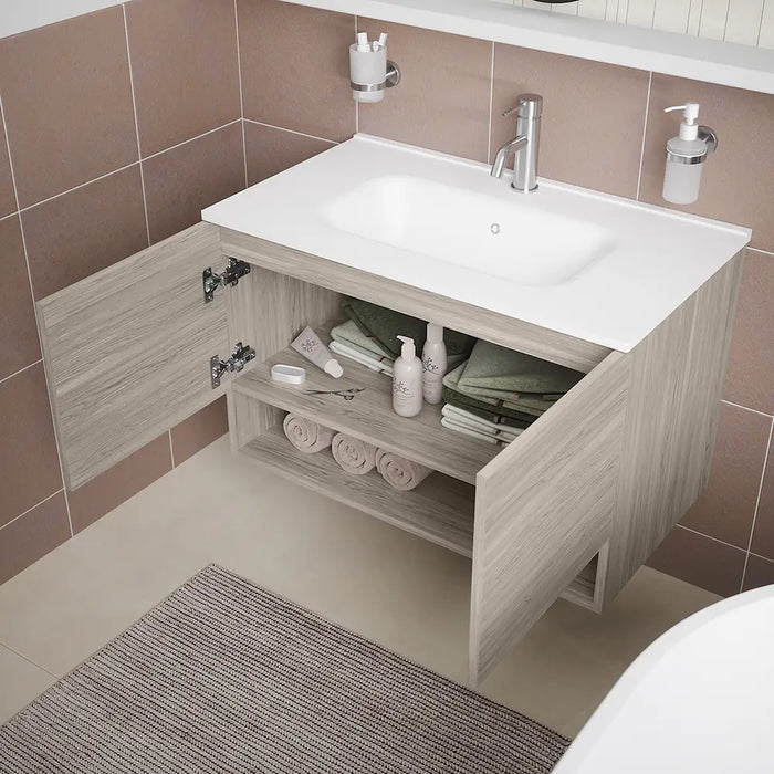 Mobile sospeso 80 cm rovere grigio con due ante, vano a giorno e lavabo | Sauris