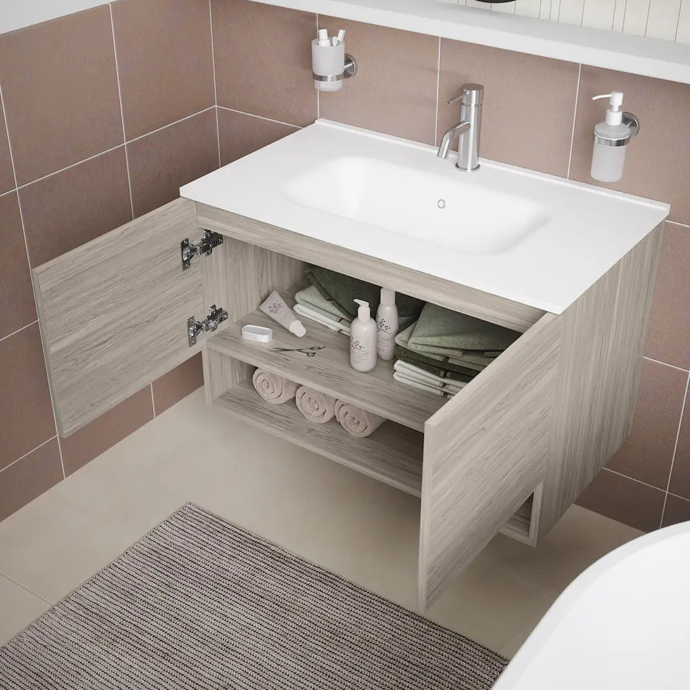 Mobile sospeso 60 cm rovere grigio con due ante, vano a giorno e lavabo | Sauris
