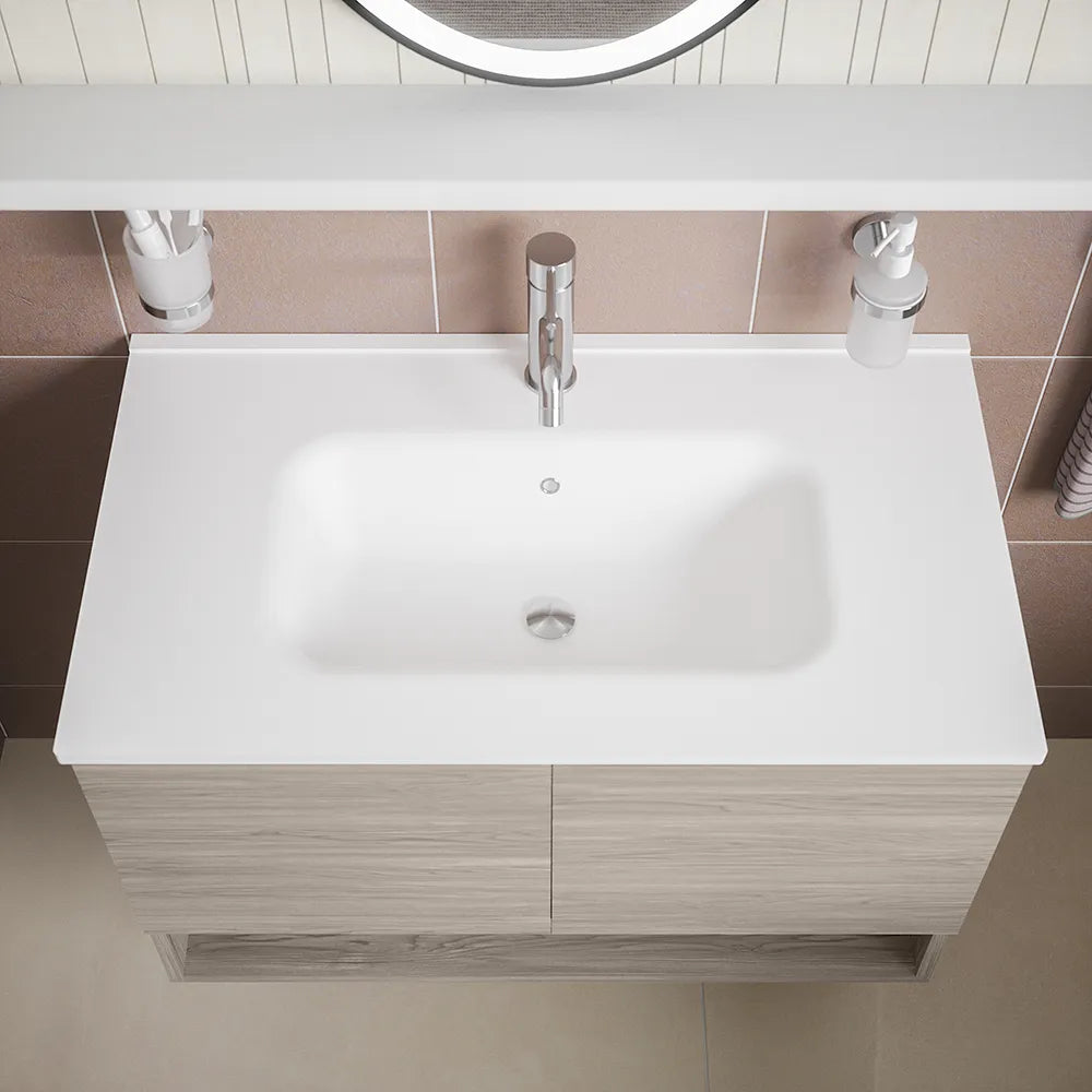 Mobile sospeso 60 cm rovere grigio con due ante, vano a giorno e lavabo | Sauris