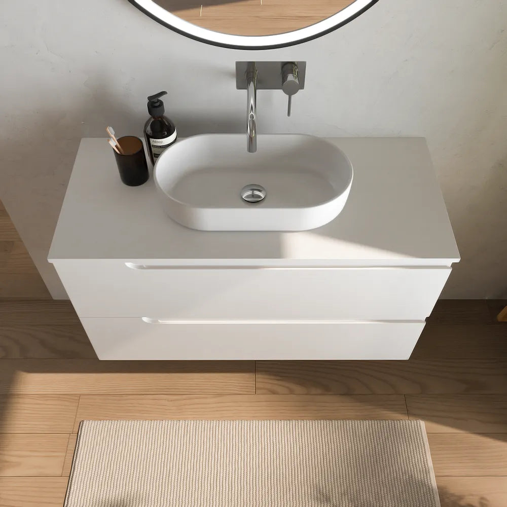 Mobile bagno sospeso 80 cm due cassetti bianco opaco con top | Ardenne