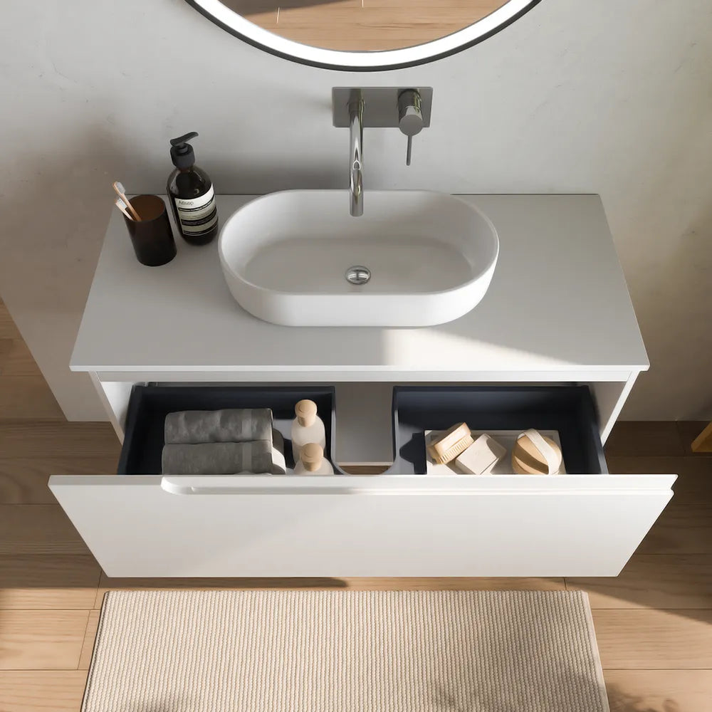 Mobile bagno sospeso 100 cm un cassetto bianco opaco con top | Ardenne