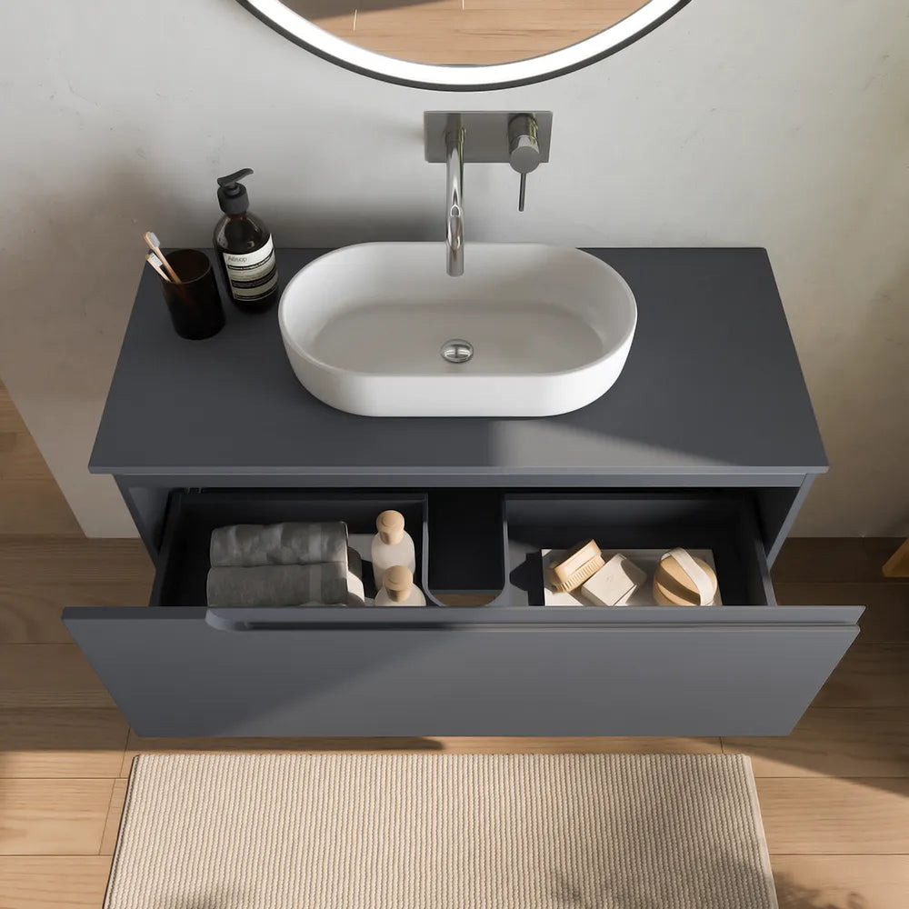 Mobile bagno sospeso 80 cm un cassetto grigio opaco con top | Ardenne