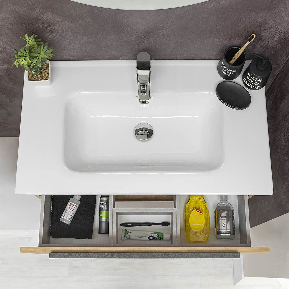 Mobile Sospeso Bagno 1 Cassetto Stile Industrial Rovere 80x47 cm con Specchio
