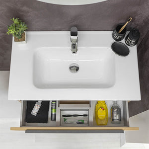 Mobile Sospeso Bagno 1 Cassetto Stile Industrial Rovere 80x47 cm con Specchio