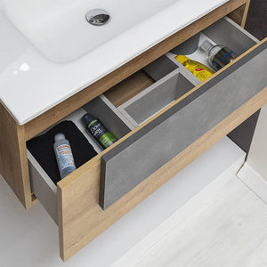 Mobile Sospeso Bagno 1 Cassetto Stile Industrial Rovere 80x47 cm con Specchio