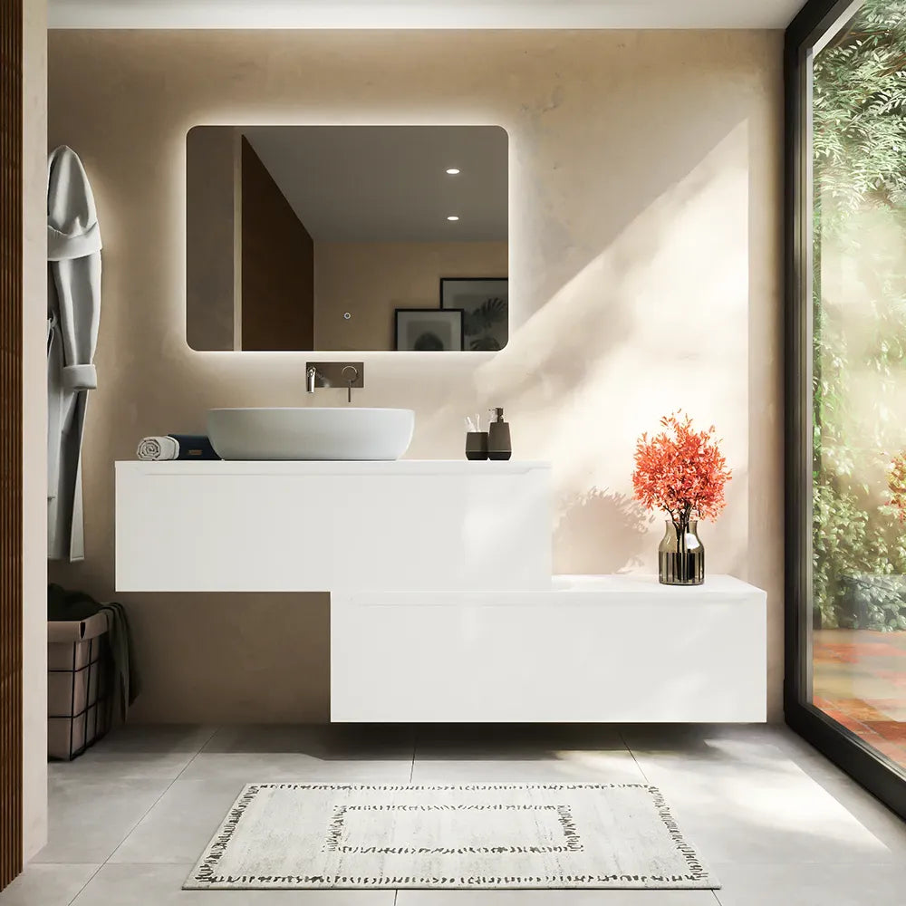 Mobile bagno sospeso modulare 90 cm bianco opaco due cassetti con top | Bako