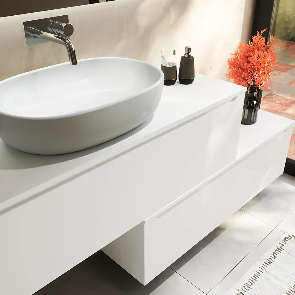 Mobile bagno sospeso modulare 90 cm bianco opaco due cassetti con top | Bako