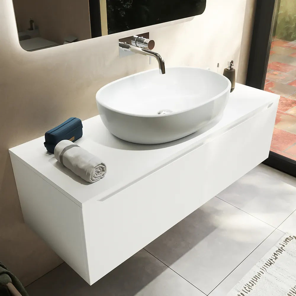 Mobile bagno sospeso 120 cm bianco opaco un cassettone con top | Bako