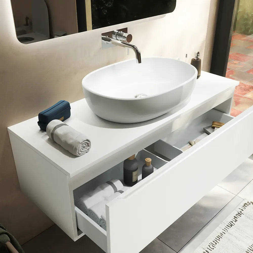 Mobile bagno sospeso 120 cm bianco opaco un cassettone con top | Bako