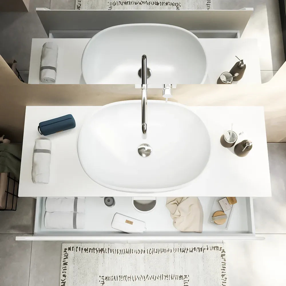 Mobile bagno sospeso 90 cm bianco opaco un cassettone con top | Bako