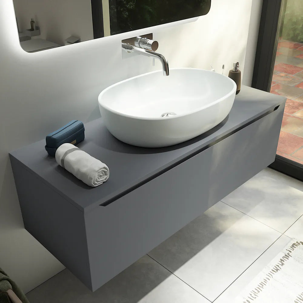 Mobile bagno sospeso 90 cm grigio opaco un cassettone con top | Bako