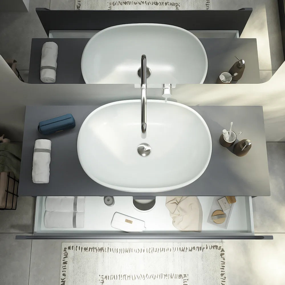 Mobile bagno sospeso 90 cm grigio opaco un cassettone con top | Bako