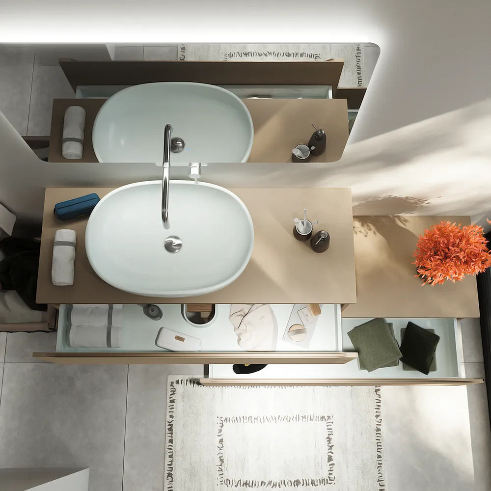 Mobile bagno sospeso modulare 90 cm sabbia opaco due cassetti con top | Bako