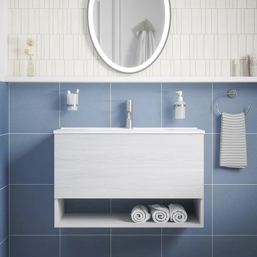 Mobile sospeso 80 cm bianco effetto legno con un cassetto, vano a giorno e lavabo | Sauris