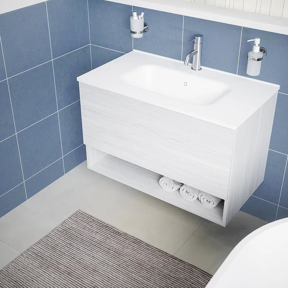 Mobile sospeso 80 cm bianco effetto legno con un cassetto, vano a giorno e lavabo | Sauris
