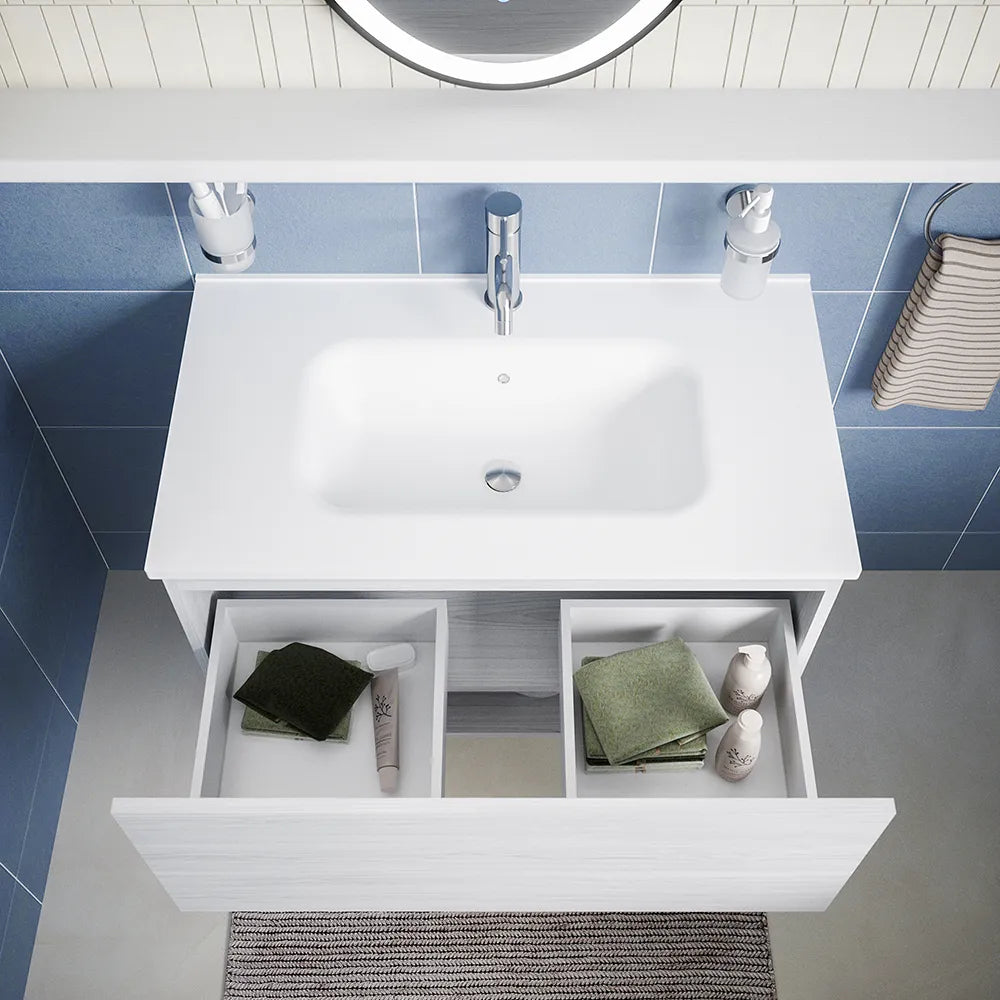 Mobile sospeso 80 cm bianco effetto legno con un cassetto, vano a giorno e lavabo | Sauris