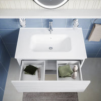 Mobile sospeso 80 cm bianco effetto legno con un cassetto, vano a giorno e lavabo | Sauris