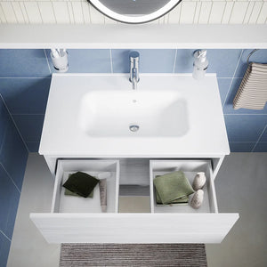 Mobile sospeso 80 cm bianco effetto legno con un cassetto, vano a giorno e lavabo | Sauris