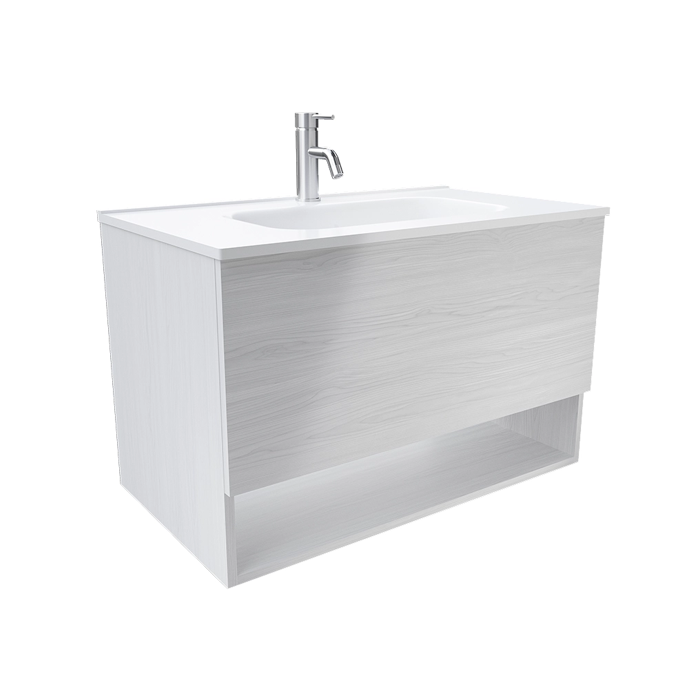Mobile sospeso 80 cm bianco effetto legno con un cassetto, vano a giorno e lavabo | Sauris