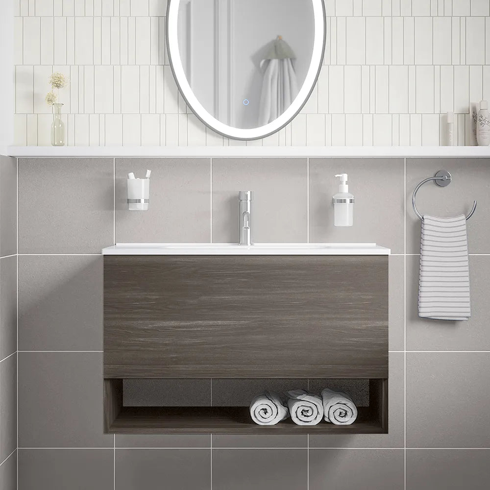 Mobile sospeso 80 cm rovere scuro con un cassetto, vano a giorno e lavabo | Sauris