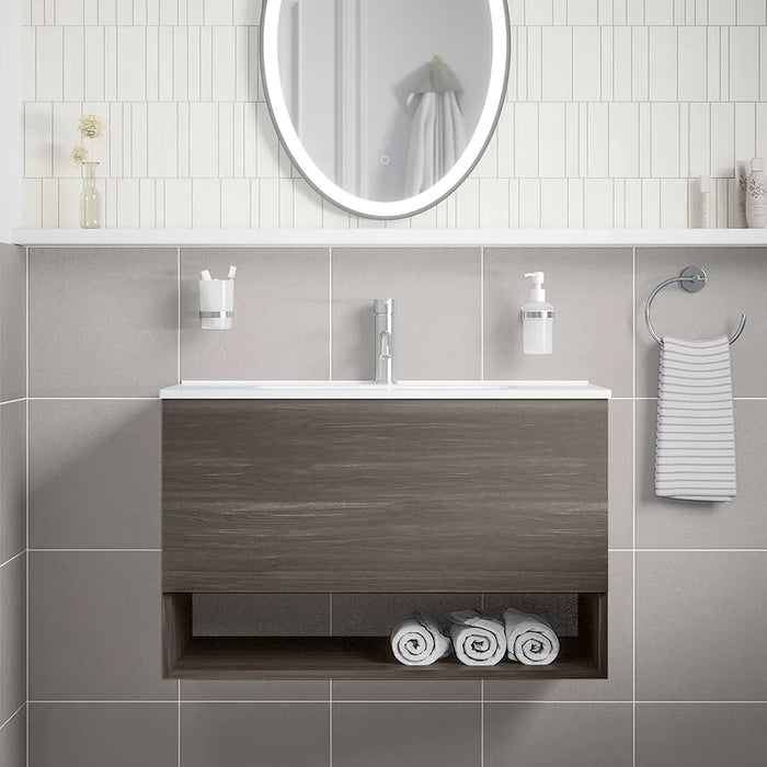 Mobile sospeso 80 cm rovere scuro con un cassetto, vano a giorno e lavabo | Sauris