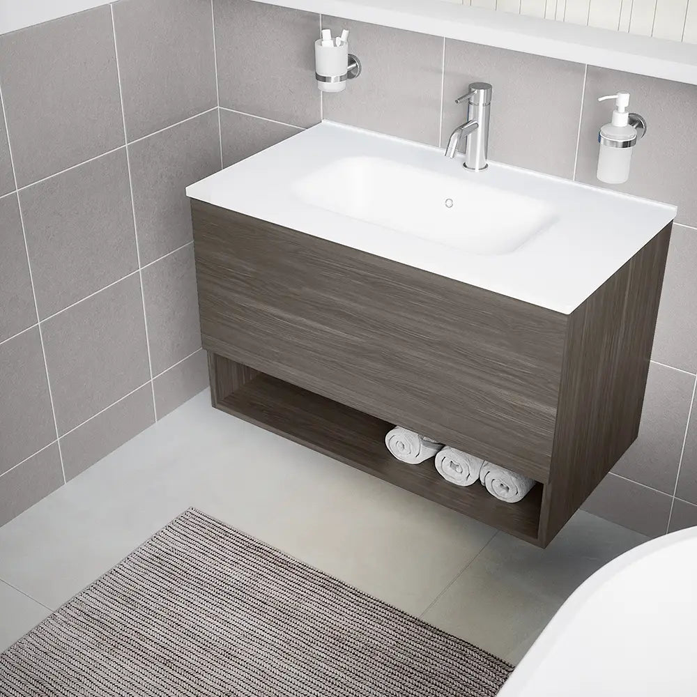 Mobile sospeso 80 cm rovere scuro con un cassetto, vano a giorno e lavabo | Sauris
